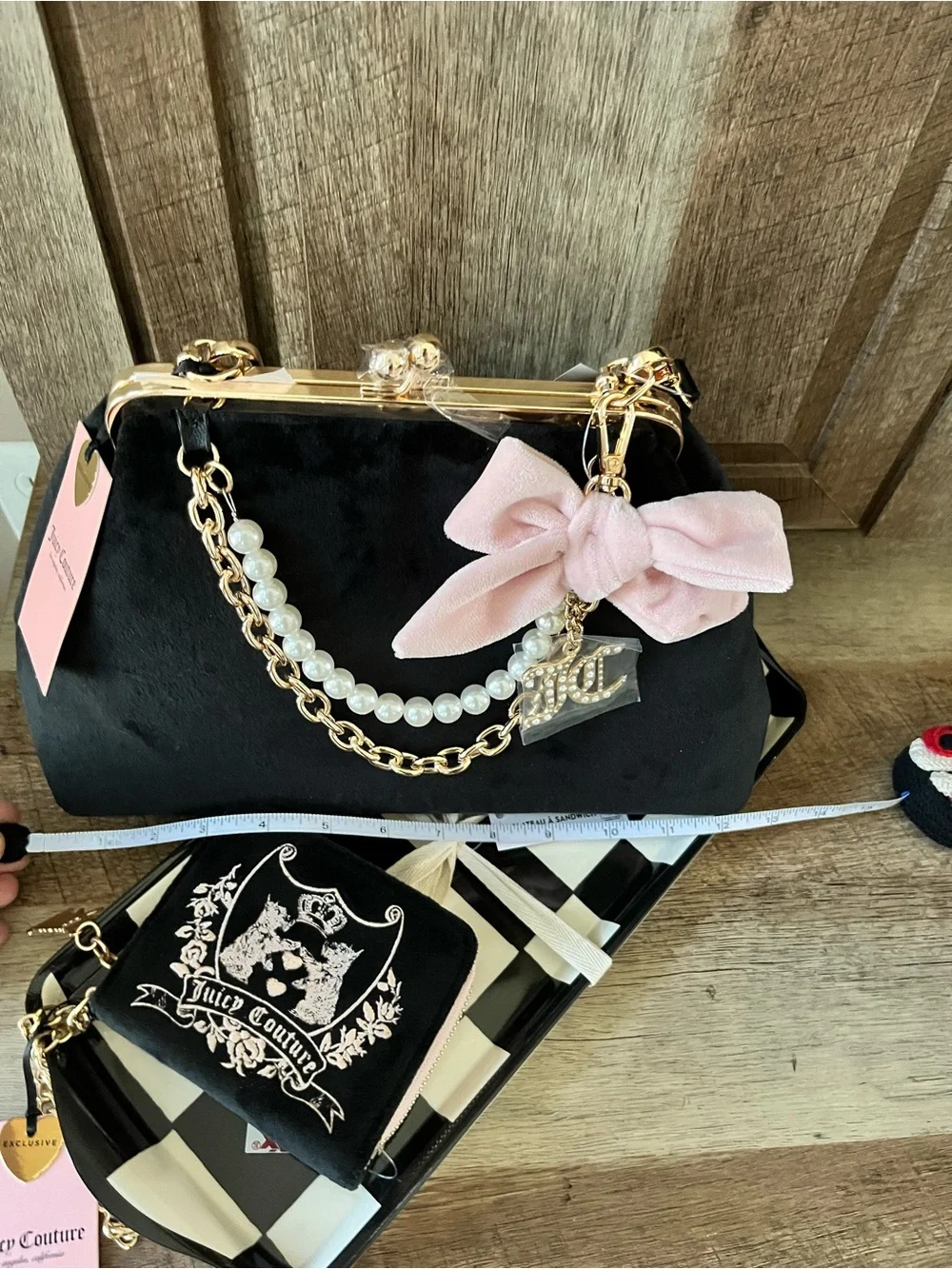 NWT Juicy Couture Lock Bag Pink Bow Pearl Chain Charm Haus Frame Clutch Licorice